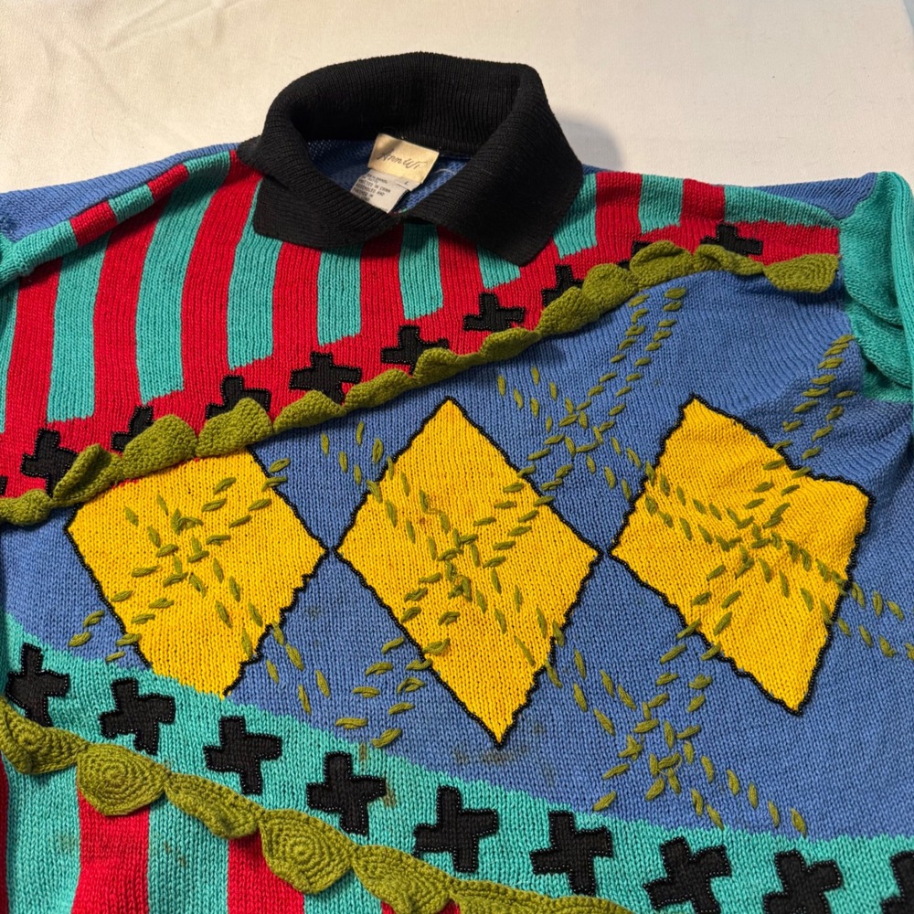 90s Vintage Retro Ann Wi Geometric Argyle Striped Knit Polo Sweater Large Beaded - Picture 4 of 15